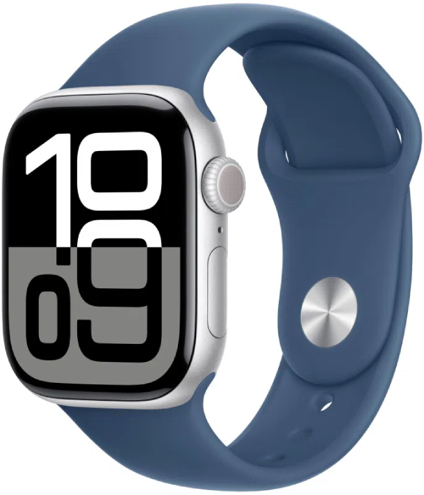 Apple Watch Series 10 GPS 46 мм, корпус из алюминия серебристого цвета, спортивный ремешок цвета «синий деним» M/L (MWWM3)