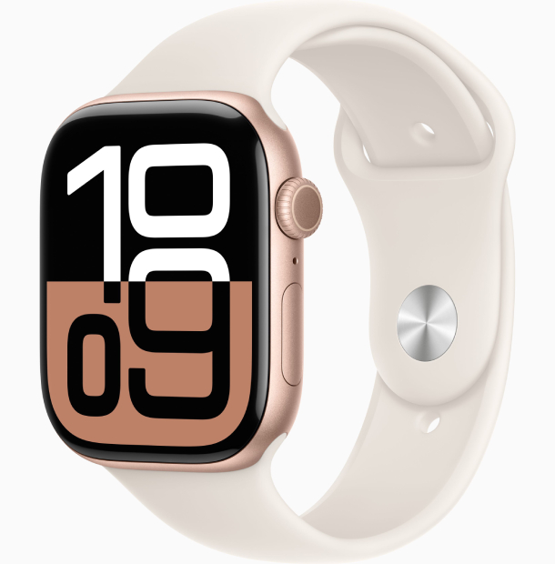 Apple Watch Series 10 GPS 46 мм, корпус из алюминия цвета «розовое золото», спортивный ремешок цвета «румянец» S/M (MWWT3)