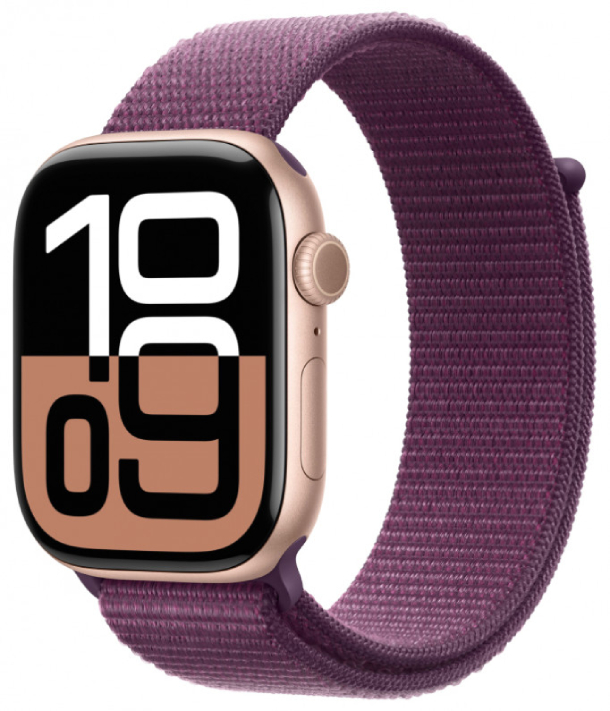 Apple Watch Series 10 GPS + Cellular 46 мм, корпус из алюминия цвета «розовое золото», спортивный ремешок цвета «сливовый», MWY83