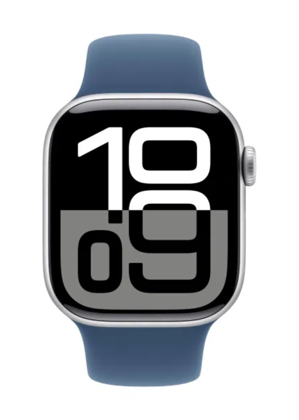 Apple Watch Series 10 GPS 46 мм, корпус из алюминия серебристого цвета, спортивный ремешок цвета «синий деним» M/L (MWWM3)