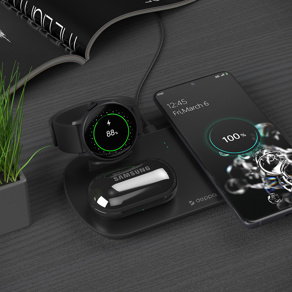 Зарядная станция Deppa 3 в 1: Qi, Galaxy Watch, Galaxy Buds, 17.5W, черная